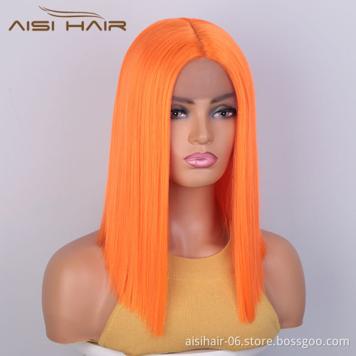 Aisi Hair Medium Long 16 Inch Cosplay Orange Wig Swiss Lace Wig Silky Straight Synthetic Lace Frontal Hair Wigs For Black Women